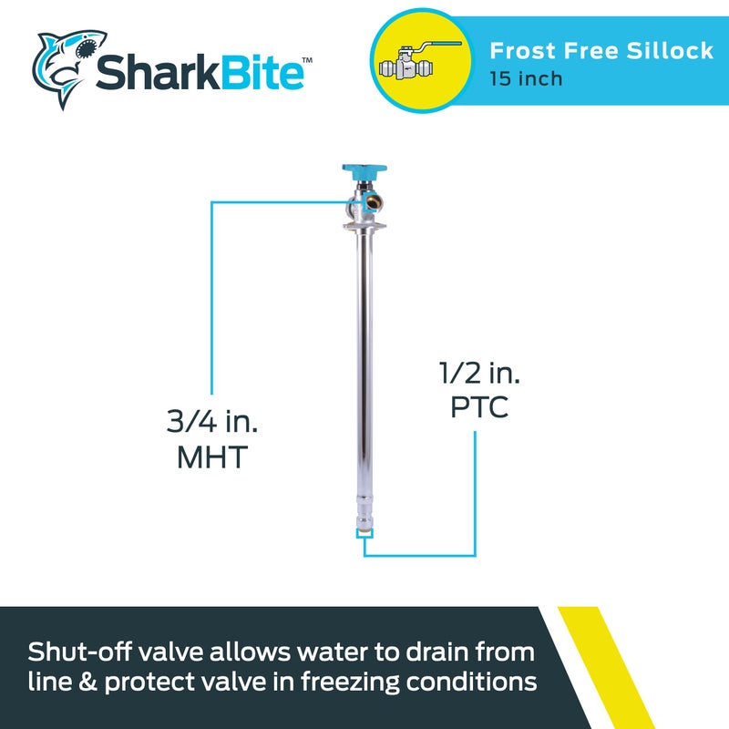 SharkBite صنبور شيركبايت 15 بوصة خالي من الصقيع، 1/2 × 3/4 بوصة MHT، تركيب نحاسي بالضغط، أنبوب PEX، نحاس، CPVC، PE-RT، HDPE، 24637LF - Image 2